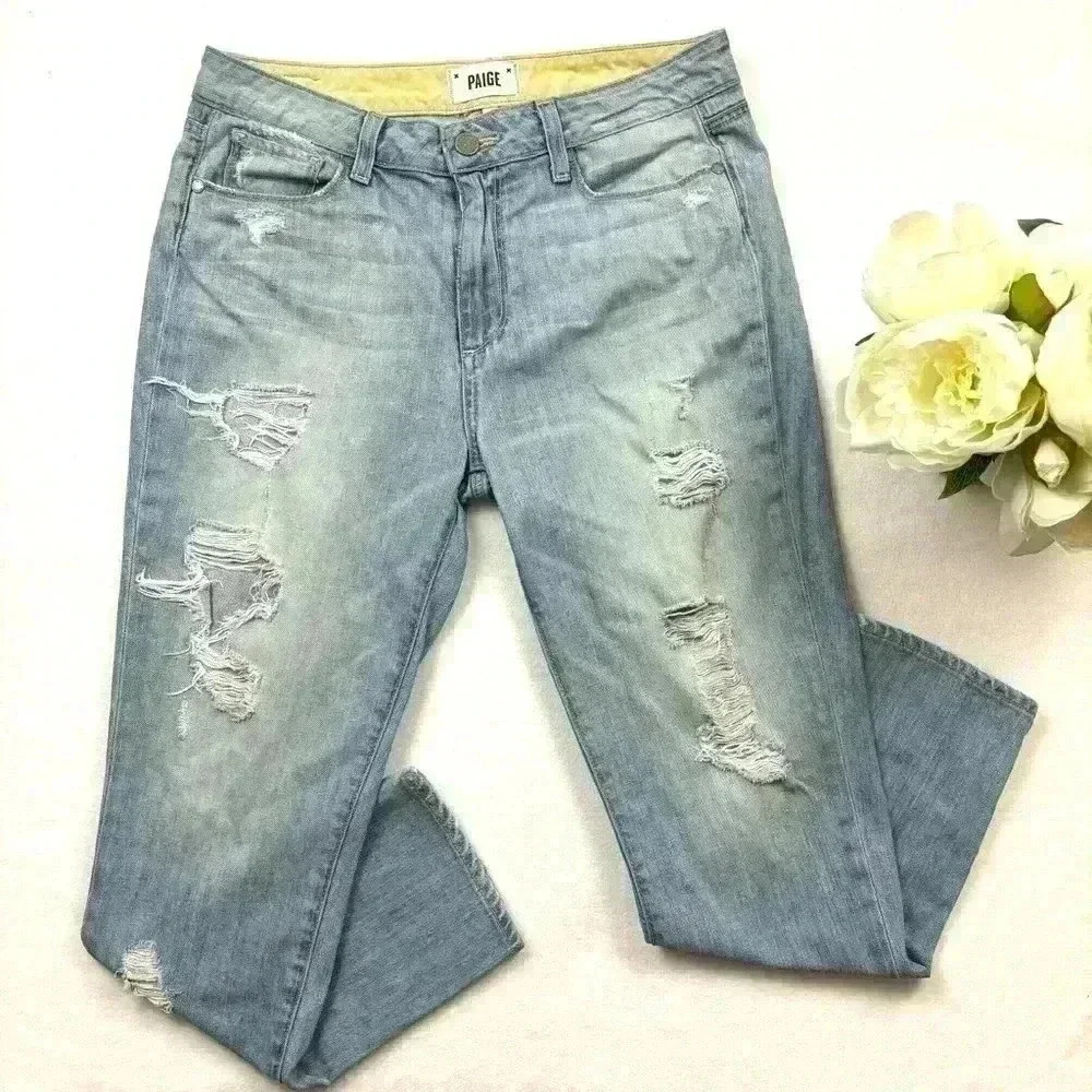 Paige Callie Crop Broke Distress Light Wash Boyfriend Midrise Ankle Jean Size 28
